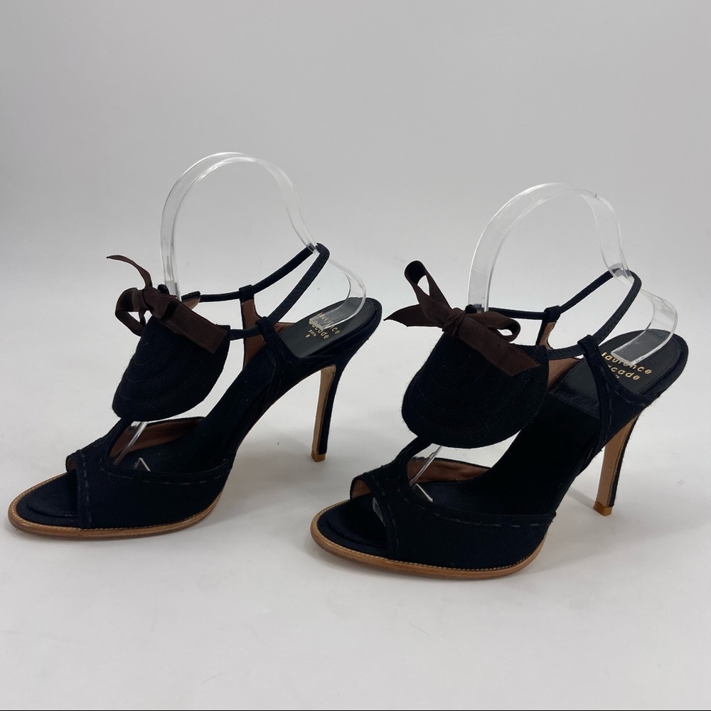 Laurence Dacade Black Canvas Heel Sandal Brown Bow Tie Size 39